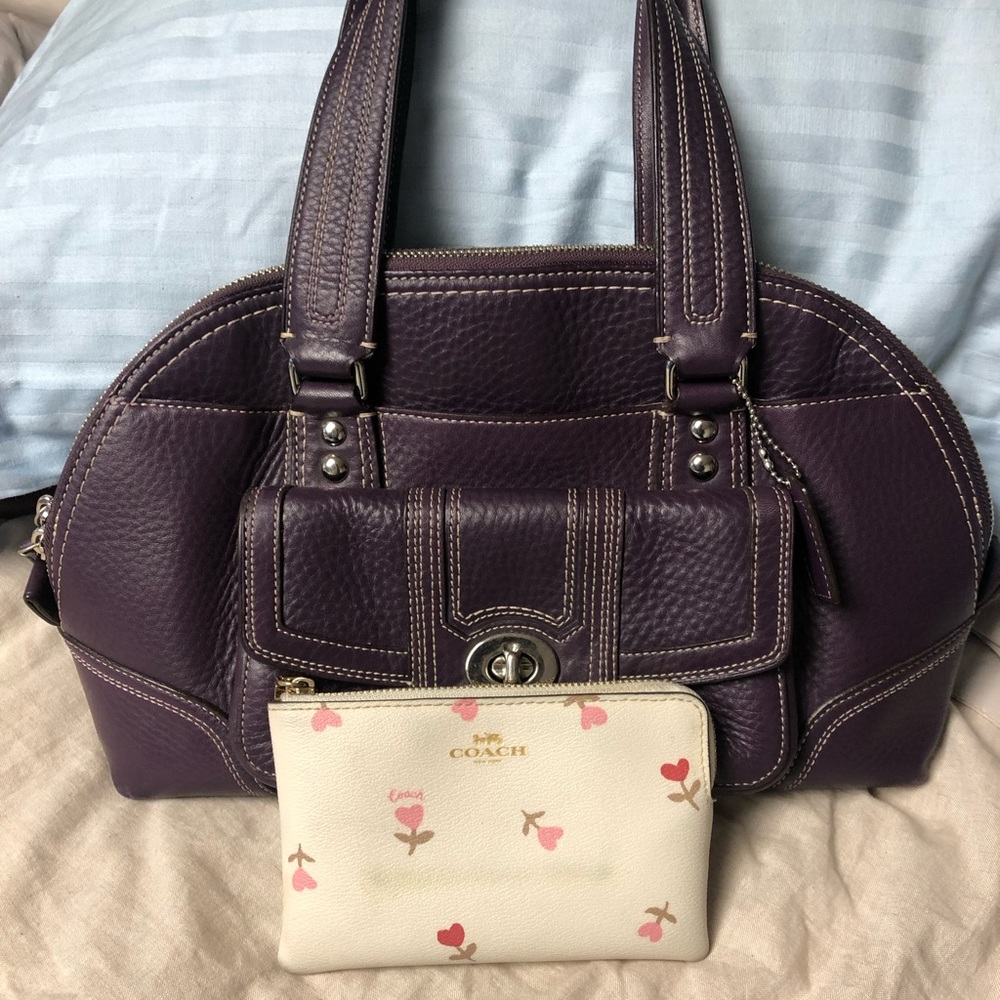 Purple coach bag with white wallet